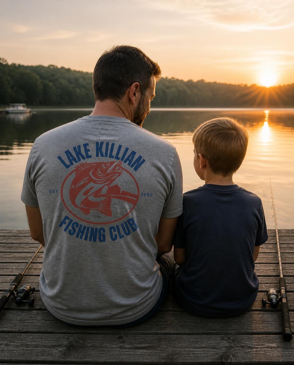 Dad and son fishing off a dock, dad wearing the Lake Killian Fishing Club tee